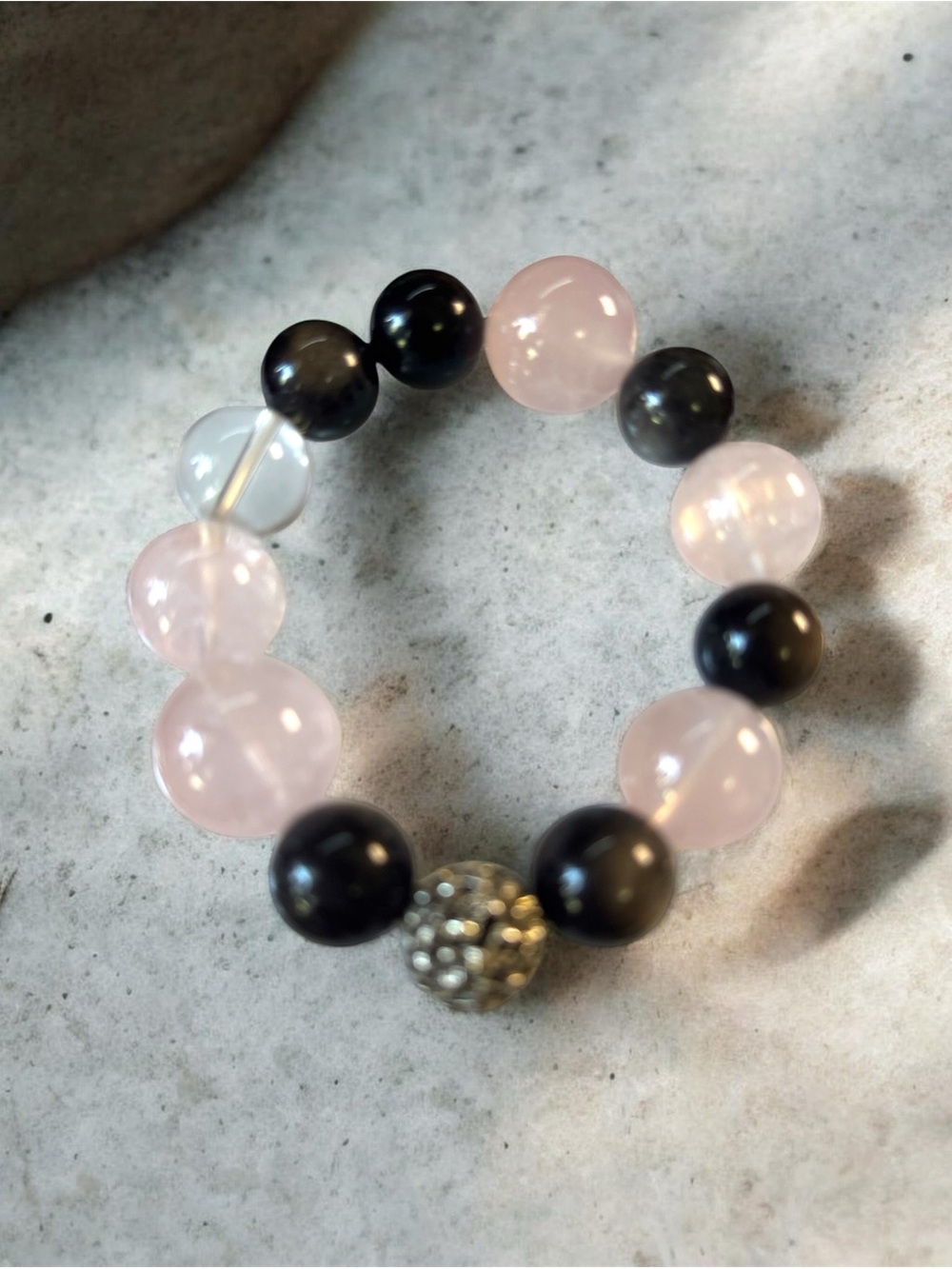 Rose Quartz, Clear Quartz Pyrite and Silver Obsidian Beaded Bracelet by Mimi